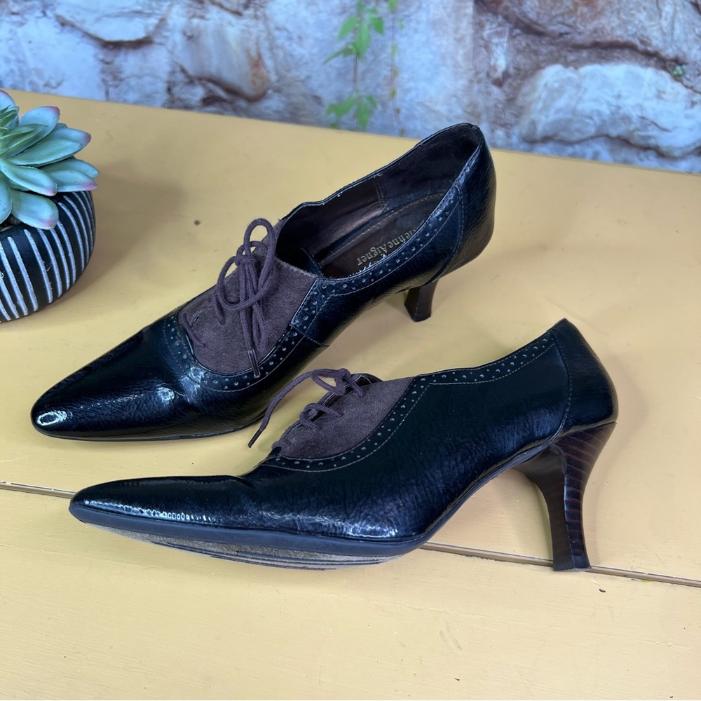VINTAGE ETIENNE AIGNER Brown Suede & Patent Leather Spectator Oxford Heels, 8 - Picture 3 of 14
